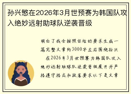 孙兴慜在2026年3月世预赛为韩国队攻入绝妙远射助球队逆袭晋级
