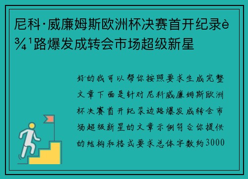 尼科·威廉姆斯欧洲杯决赛首开纪录边路爆发成转会市场超级新星